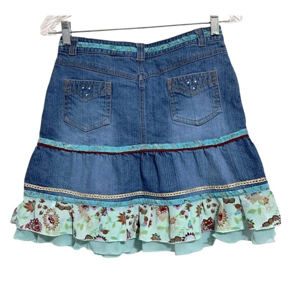 Mary-Kate & Ashley Girls Denim Skirt Size 14 Floral Ruffle Trim Cotton Blend - Picture 2 of 9